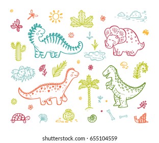 Extinct animals. Cute Cartoon Dinosaur Vector set. Hand drawn doodle Dinosaurs: Tiranossauro Rex, Triceratops, Stegosaurus, Diplodocus and Plants