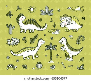 Extinct animals. Cute Cartoon Dinosaur Vector set. Hand drawn doodle Dinosaurs: Tiranossauro Rex, Triceratops, Stegosaurus, Diplodocus and Plants