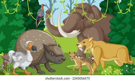 Extinct animals in the forest illustration