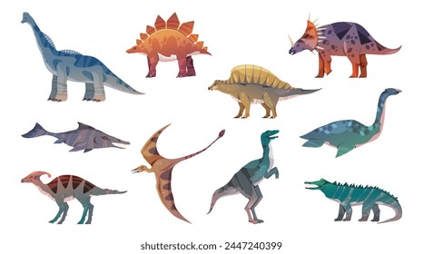 Animales extintos de la prehistoria, conjunto aislado de dinosaurios. Vector dino triceratops y estegosaurus, especies y criaturas jurásicas con alas, aletas y garras. Reptiles salvajes marinos y terrestres