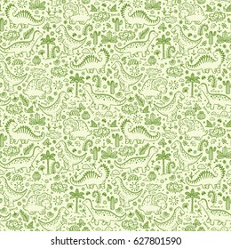 Extinct animals. Prehistoric Reptiles. Cute Cartoon Dinosaur Vector Seamless pattern. Hand drawn doodle Dinosaurs: Tiranossauro Rex, Triceratops, Stegosaurus, Diplodocus and Plants