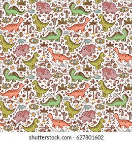 Extinct animals. Prehistoric Reptiles. Cute Cartoon Dinosaur Vector Seamless pattern. Hand drawn doodle Dinosaurs: Tiranossauro Rex, Triceratops, Stegosaurus, Diplodocus and Plants