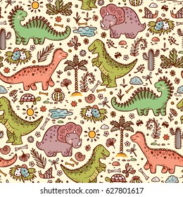 Extinct animals. Prehistoric Reptiles. Cute Cartoon Dinosaur Vector Seamless pattern. Hand drawn doodle Dinosaurs: Tiranossauro Rex, Triceratops, Stegosaurus, Diplodocus and Plants