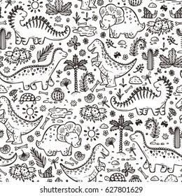 Extinct animals. Prehistoric Reptiles. Cute Cartoon Dinosaur Vector Seamless pattern. Hand drawn doodle Dinosaurs: Tiranossauro Rex, Triceratops, Stegosaurus, Diplodocus and Plants. No Fill Color