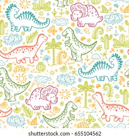 Extinct animals. Prehistoric Reptiles. Cute Cartoon Dinosaur Vector Seamless pattern. Hand drawn doodle Dinosaurs: Tiranossauro Rex, Triceratops, Stegosaurus, Diplodocus and Plants