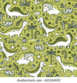 Extinct animals. Prehistoric Reptiles. Cute Cartoon Dinosaur Vector Seamless pattern. Hand drawn doodle Dinosaurs: Tiranossauro Rex, Triceratops, Stegosaurus, Diplodocus and Plants