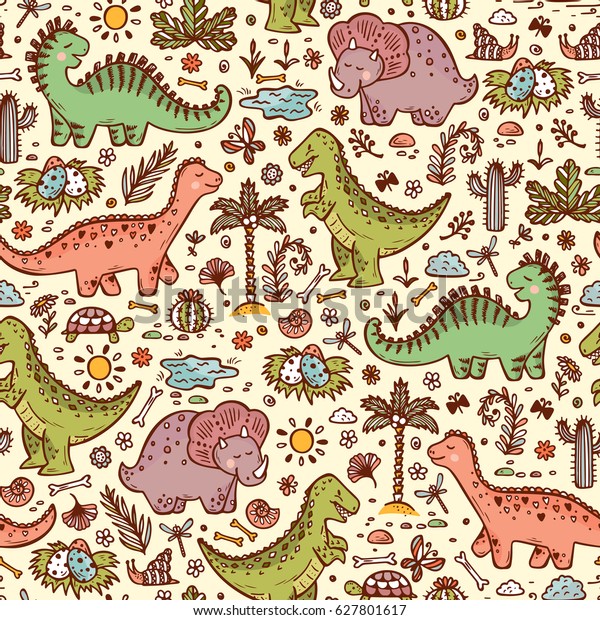 Extinct
animals. Prehistoric Reptiles. Cute Cartoon Dinosaur Vector
Seamless pattern. Hand drawn doodle Dinosaurs: Tiranossauro Rex,
Triceratops, Stegosaurus, Diplodocus and
Plants