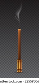 Extinct candle vector illustration. 3D realistic burnt wax candle, with golden candlestick, smoke and extinguished fire on wick, steam of candlelight and stick on stand on dark transparent background