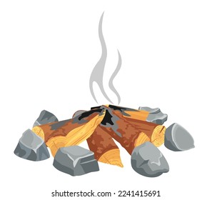 Extinct fire bonfire, Flat campfire isolated on white background. Wood campfire. Wood material branches, planks, logs. Vector flat style illustration.