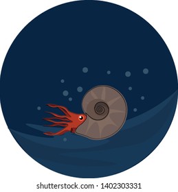 An extinct group of marine ammonite which is in under water , vector, color drawing or illustration.