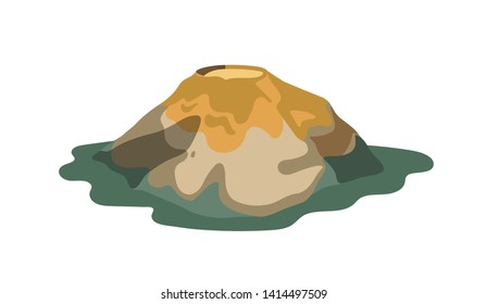 Extinct, inactive or dormant volcano with crater isolated on white background. Hazardous seismic or volcanic activity. Natural rocky landmark or landform. Colorful vector illustration in flat style.