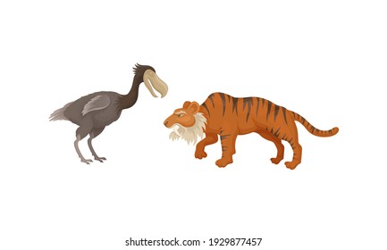 Extinct Prehistoric Animals with Terrestrial Mammal and Bird Vector Set