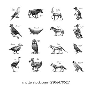 Extinct species. Wild mammal animals and birds. Dodo, Moa, Tasmanian wolf, Quagga. Aurochs. Blue antelope. Hand drawn vector engraved sketch. Graphic vintage style. 