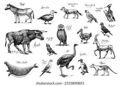 Extinct species. Wild mammal animals and birds. Dodo, Moa, Tasmanian wolf, Quagga. Aurochs. Blue antelope. Hand drawn vector engraved sketch. Graphic vintage style. 