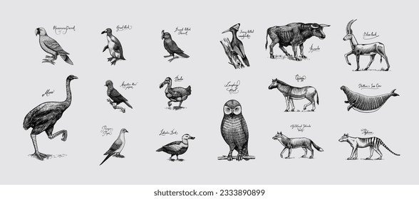 Extinct species. Wild mammal animals and birds. Dodo, Moa, Tasmanian wolf, Quagga. Aurochs. Blue antelope. Hand drawn vector engraved sketch. Graphic vintage style. 