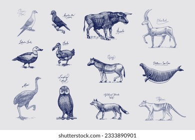 Extinct species. Wild mammal animals and birds. Dodo, Moa, Tasmanian wolf, Quagga. Aurochs. Blue antelope. Hand drawn vector engraved sketch. Graphic vintage style. 