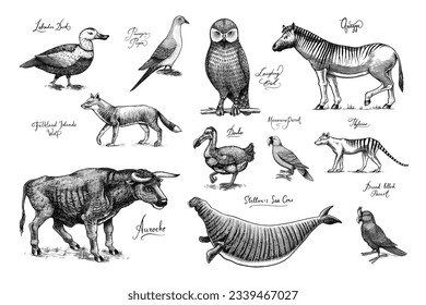 Extinct species. Wild mammal animals and birds. Dodo, Moa, Tasmanian wolf, Quagga. Aurochs. Blue antelope. Hand drawn vector engraved sketch. Graphic vintage style. 