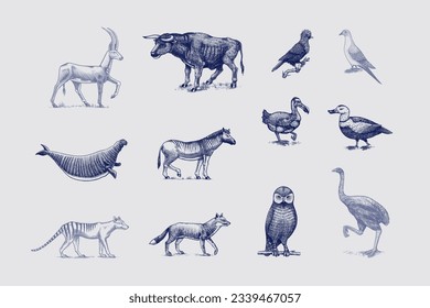 Extinct species. Wild mammal animals and birds. Dodo, Moa, Tasmanian wolf, Quagga. Aurochs. Blue antelope. Hand drawn vector engraved sketch. Graphic vintage style. 