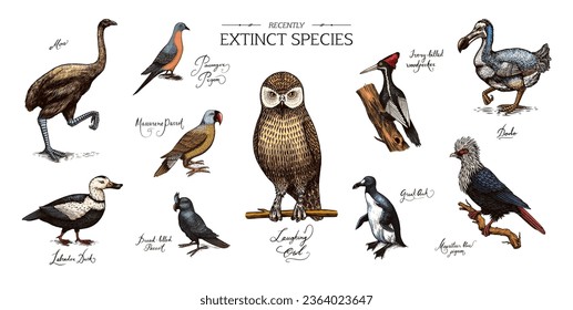 Extinct species. Wild mammal animals and birds.Dodo. Moa Passenger pigeon Great auk. Penguin. Mascarene parrot. Labrador duck. Laughing owl. Hand drawn vector engraved sketch. Graphic vintage style. 