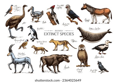 Extinct species. Wild mammal animals and birds. Dodo, Moa, Tasmanian wolf, Quagga. Aurochs. Blue antelope. Hand drawn vector engraved sketch. Graphic vintage style. 