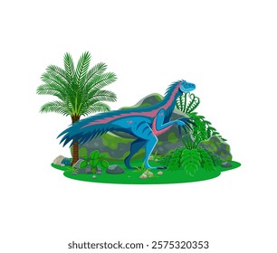 Extinct Therizinosaurus dinosaur cute character. Prehistoric reptile, Jurassic era animal or paleontology lizard funny cartoon vector personage. Extinct dinosaur with feathers isolated character