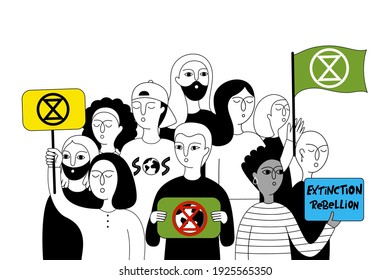 Extinction Rebellion. Eco-activist in the global strike for climate change. Group of people holding placards and flag with slogans to protect the environment. Vector doodle illustration. 