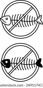 Iconos de extinción de especies. Iconos vectoriales de esqueleto de pescado blanco y negro. Problema ecológico. Concepto de cambio climático