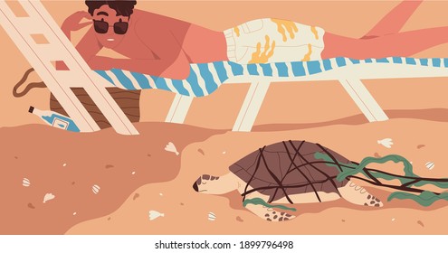 Extinction of wild species concept. Endangered animal extincting on dirty trashed planet. Sea turtle or tortoise dead from polluted environment. Colorful flat vector illustration