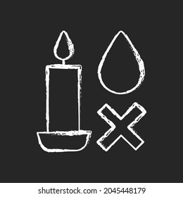 Extinguish candle without water chalk white manual label icon on dark background. Hot wax splattering prevention. Isolated vector chalkboard illustration for product use instructions on black