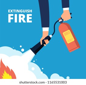 Extinguish fire. Fireman with fire extinguisher. Emergency training and protection from flame vector concept. Illustration of protection and danger burn, security accident