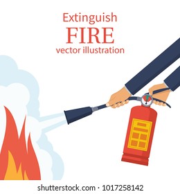 Extinguish fire. Fireman hold in hand fire extinguisher. Vector illustration flat design. Isolated on white background. Protection from flame. Show training instructions. Foam from nozzle.