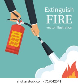 Extinguish fire. Fireman hold in hand fire extinguisher. Vector illustration flat design. Isolated on background. Protection from flame. Show training instructions. Foam from nozzle.