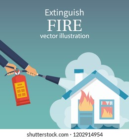 Extinguish fire in home. Burning house. Fireman hold in hand fire extinguisher. Vector illustration flat design. Isolated on white background. Protection from flame. Foam from nozzle.