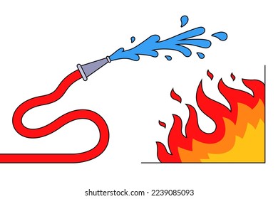 extinguish fire with red hose with water. flat vector illustration.