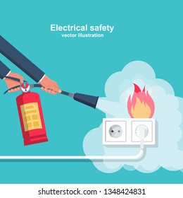 Extinguish fire wiring in home. Socket and plug on fire from overload. Electrical safety concept. Vector illustration flat design. Fireman hold in hand fire extinguisher. Protection from flame.