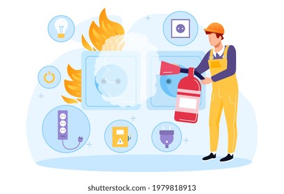 Extinguish fire wiring in home. Socket and plug on fire from overload. Fire protection. Flat abstract metaphor cartoon vector illustration concept web banner design. Isolated on white background