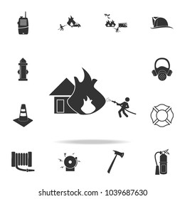 to extinguish a house with a hose icon. Detailed set icons of firefighter element icons. Premium quality graphic design. One of the collection icons for websites, web design on white background