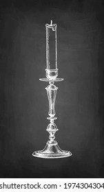 Extinguished candle in candlestick. Chalk sketch on blackboard background. Hand drawn vector illustration. Retro style.