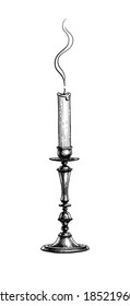 Extinguished candle in candlestick. Ink sketch isolated on white background. Hand drawn vector illustration. Retro style.