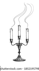 Extinguished candles in candelabrum. Ink sketch isolated on white background. Hand drawn vector illustration. Retro style.