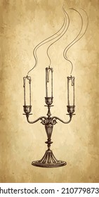 Extinguished candles in candelabrum. Ink sketch on old paper background. Hand drawn vector illustration. Vintage style stroke drawing.