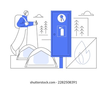 Extinguisher at campsite abstract concept vector illustration. Idea of safety with fire extinguisher when hiking, ecology industry, hazard prevention methods, campsite security abstract metaphor.