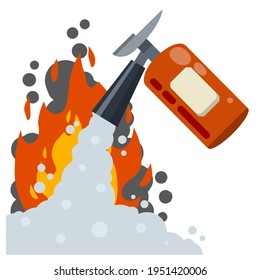 Extinguisher. Fireman tool. Red cylinder. Flat cartoon illustration. Smoke, flame and foam. Big fire