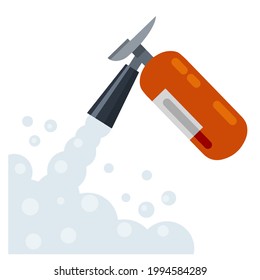 Extinguisher. Fireman tool. Red cylinder. Flat cartoon illustration. Smoke and foam.