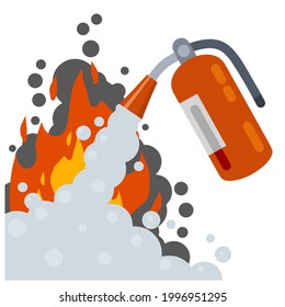 Extinguisher. Fireman tool. Red cylinder. Flat cartoon illustration. Smoke, flame and foam. Big fire