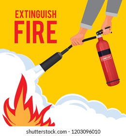 Extinguisher in hands. Firefighter with fire red extinguisher extinguish big flame vector attention placard. Illustration of instruction extinguishing, signboard hand hold extinguisher equipment