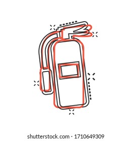 Extinguisher icon in comic style. Fire protection cartoon vector illustration on white isolated background. Emergency splash effect business concept.