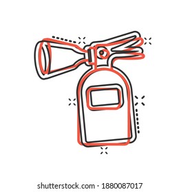 Extinguisher icon in comic style. Fire protection cartoon vector illustration on white isolated background. Emergency splash effect business concept.