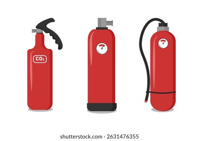 Ícone do extintor com contêiner vermelho e pictograma plano para equipamento de segurança contra incêndio usado em emergência para suprimir chamas e proteger de queimaduras com a ajuda de mangueira de água de bombeiro e etiqueta de alarme

