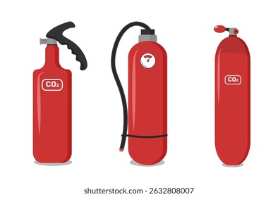 Ícone do extintor com contêiner vermelho e pictograma plano para equipamento de segurança contra incêndio usado em emergência para suprimir chamas e proteger de queimaduras com a ajuda de mangueira de água de bombeiro e etiqueta de alarme

